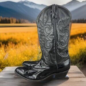 ✅ Mens 9.5D VTG Cowboy Boots Black Leather Almond Toe Embroidered Made In USA